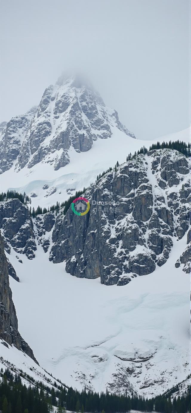 雪覆岩峰雾绕低角拍摄壮丽山景