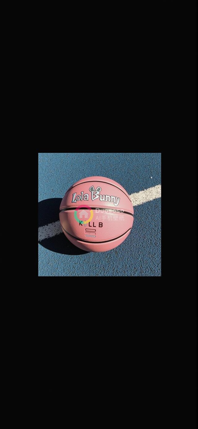 粉红篮球与“Lola Bunny”标识闪耀蓝球场，阳光映衬独特影韵<title>粉红篮球「Lola Bunny」闪耀篮球场，阳光映影独特风采</title>