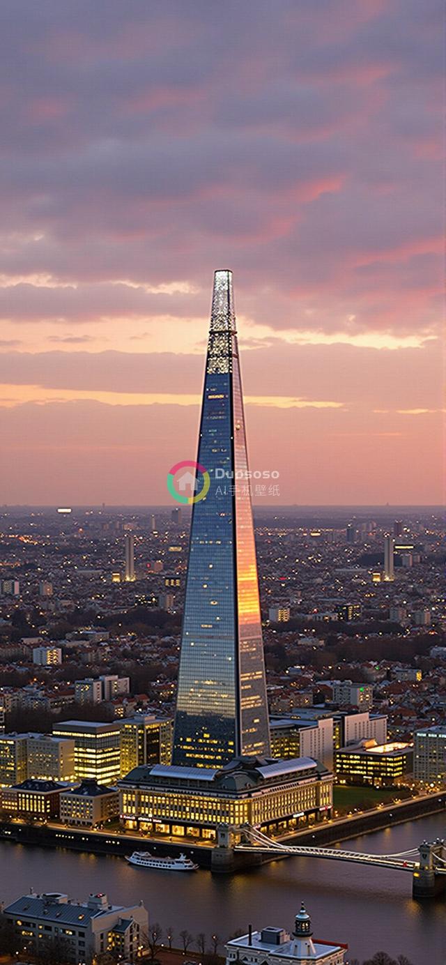 伦敦黄昏时分的碎片大厦全景高清摄影：璀璨都市与泰晤士河美景