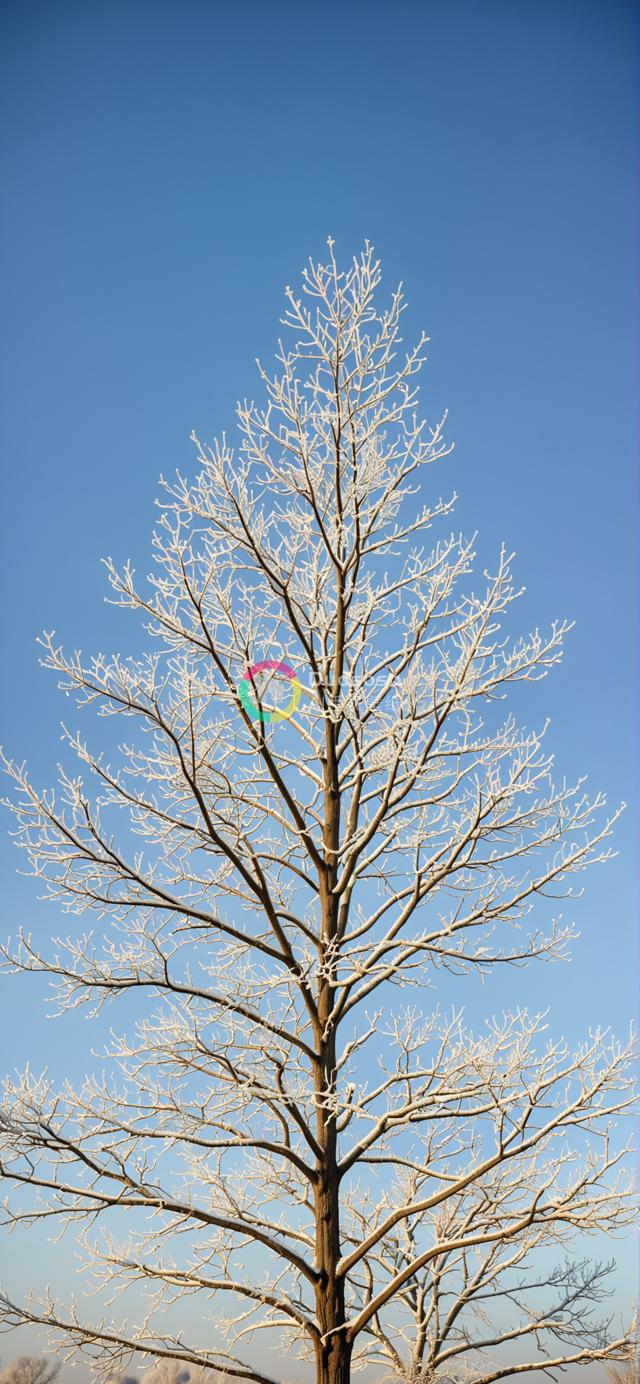 晨光下蓝天下霜覆盖高大树影摄影