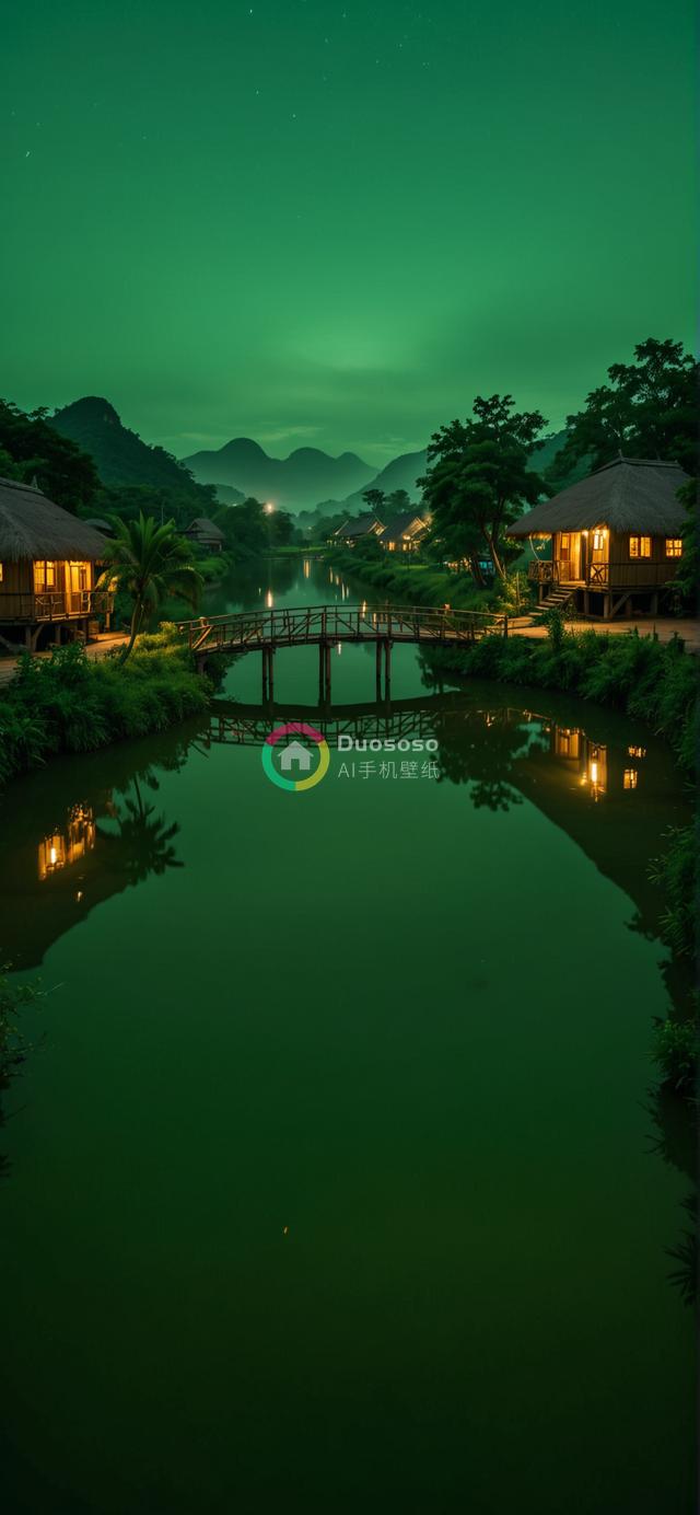 夜色中绿光映照的宁静湖畔度假村：梦幻木桥与星光山影共绘和谐隐世之境