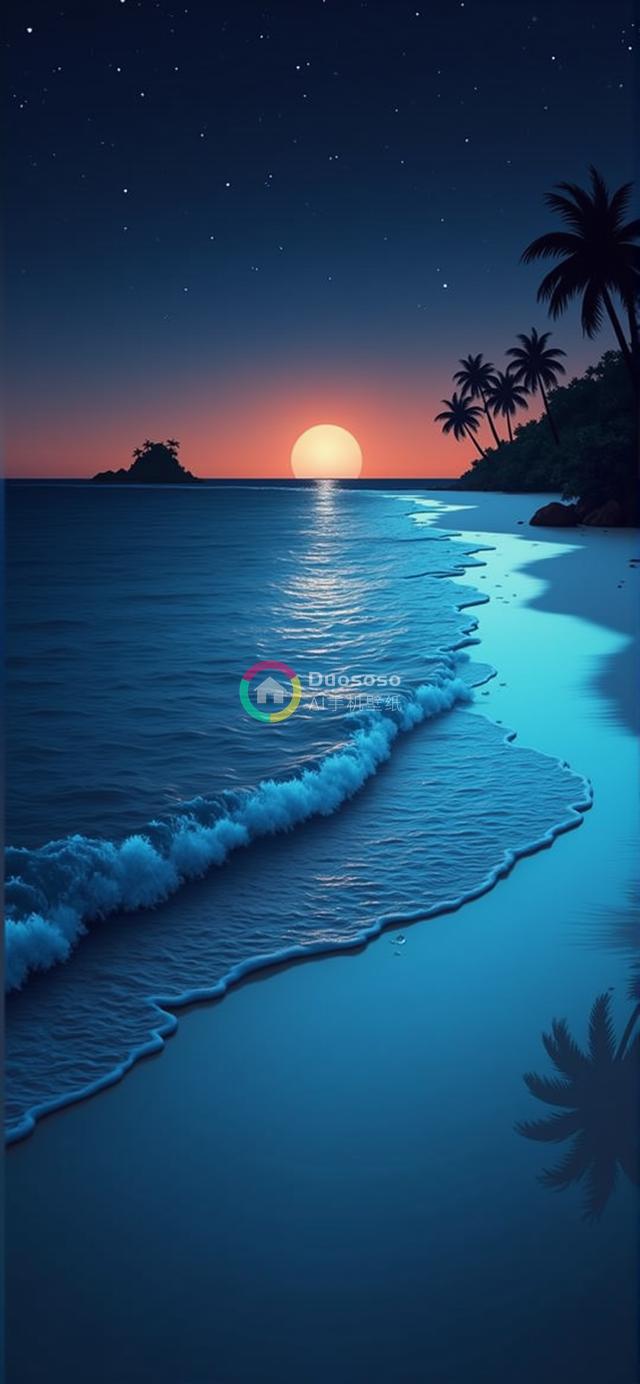 落日余晖下的宁静海滩：星光熠熠，椰风轻拂