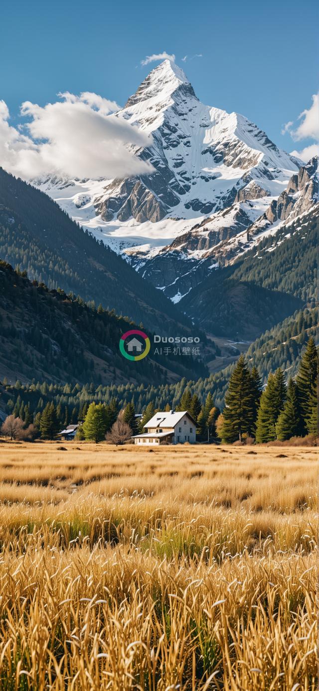 宁静高山风光：雪峰云绕，山谷金草，孤舍映山辉