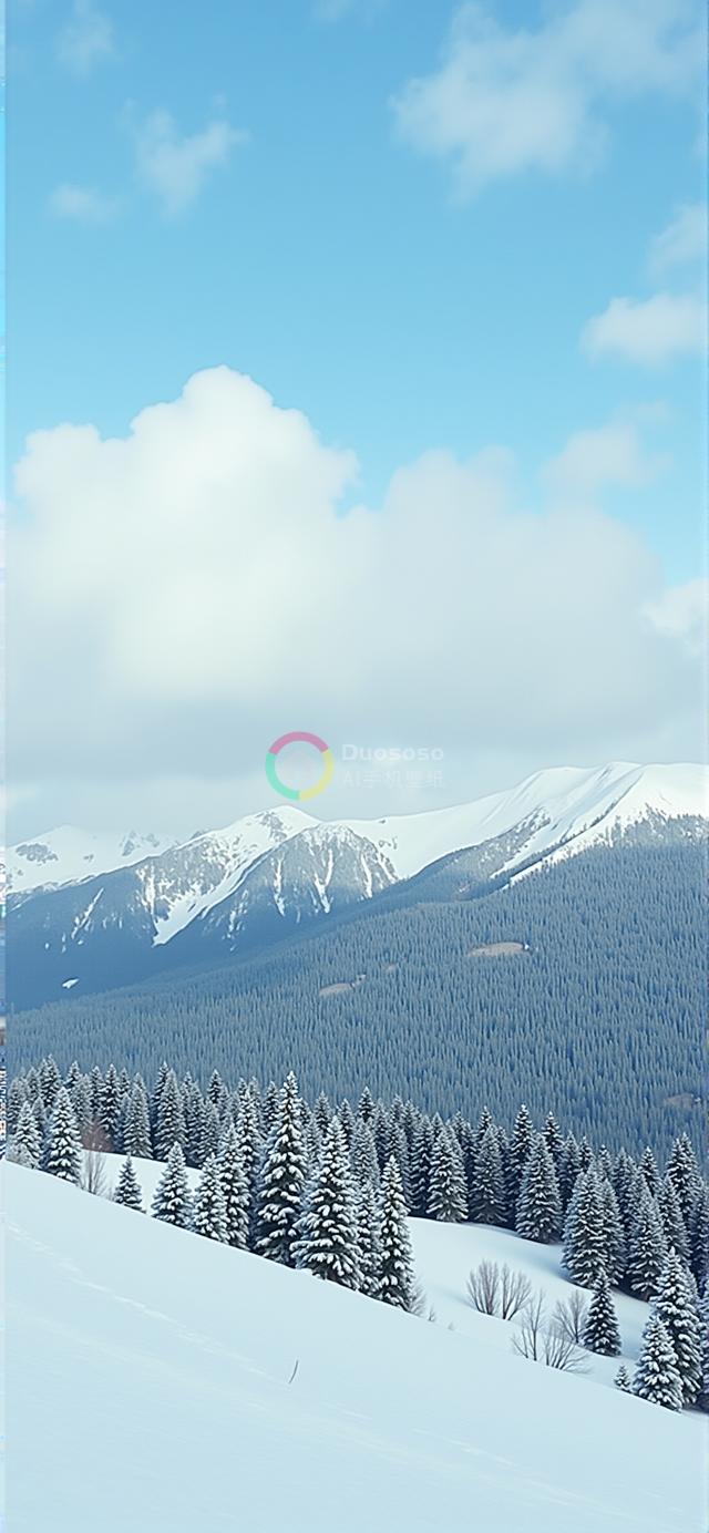 冬景绝美：雪覆盖坡道通往松林雪山，蓝天白云映衬宁静大自然