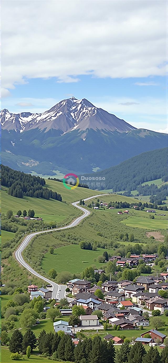 高山风情：雪峰映衬下的翠谷迷人村庄全景图