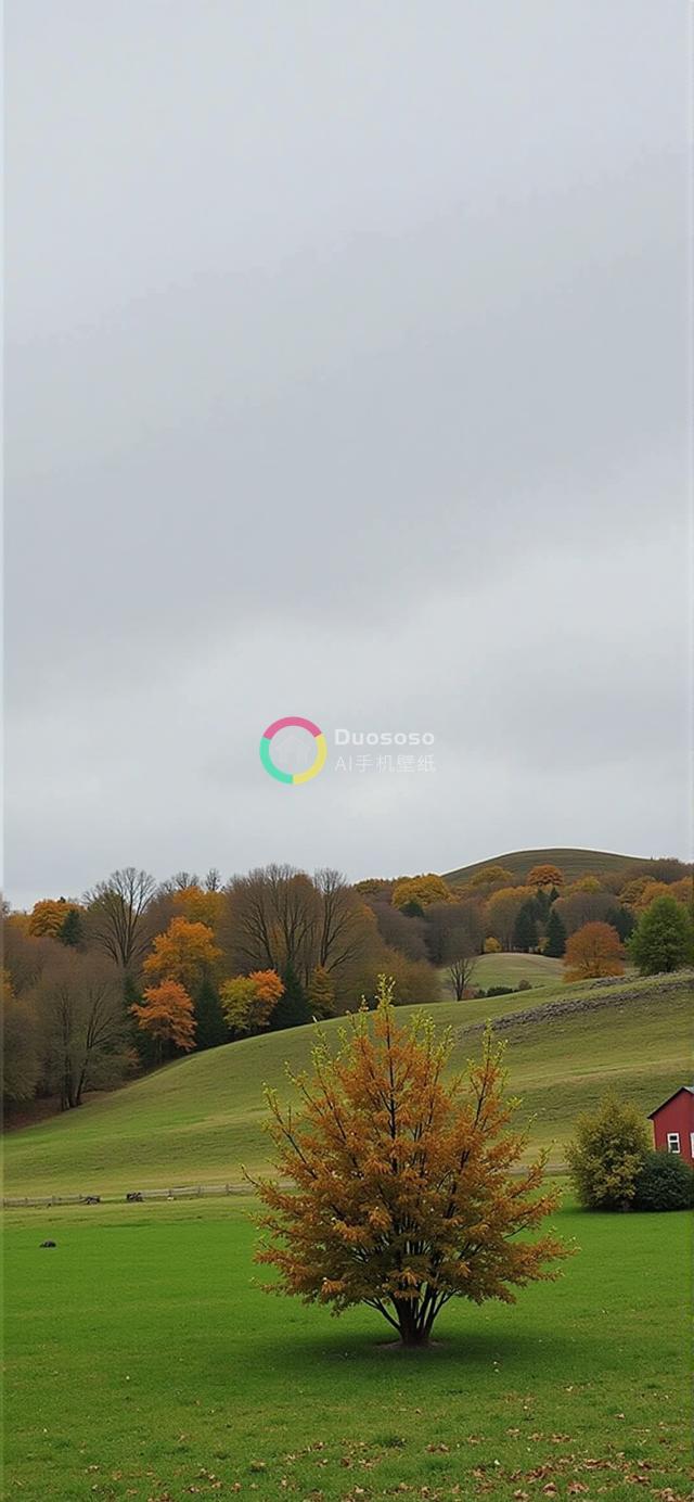 金秋宁静风光：孤树金黄叶映碧草，层峦叠翠间藏红仓，柔和光影绘四季之美