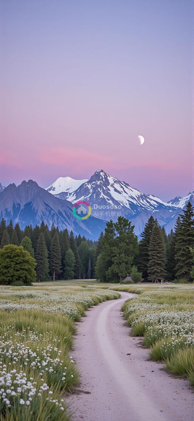 暮色山景：野花之径通往雪峰与柔彩天空的宁静摄影