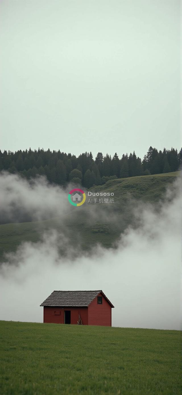 迷雾中的孤红谷仓：翠绿田野与幽静森林的宁静乡村风光