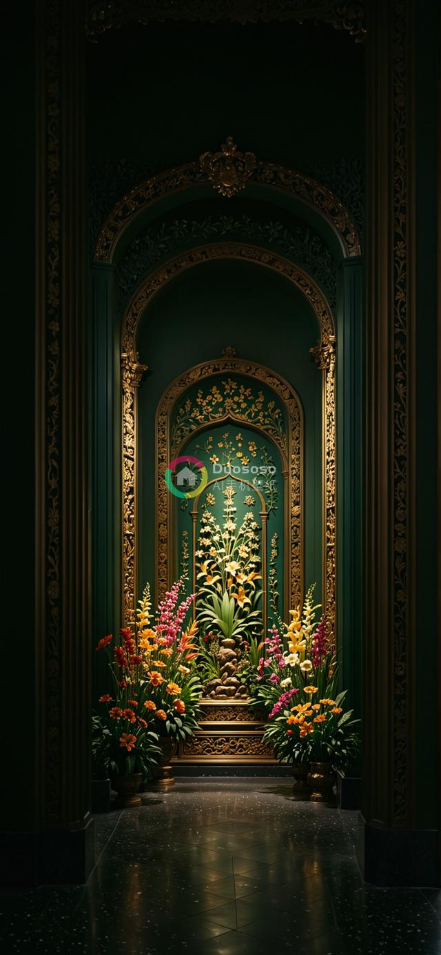 暗绿色走廊中精致装饰凹室的金色雕刻拱门与花卉浮雕映衬下的华贵氛围