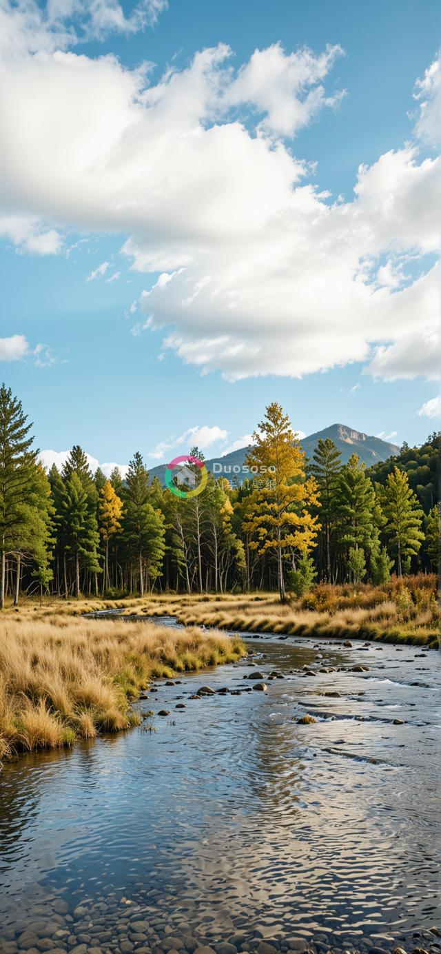 秋日森林中碧空映照的宁静河流美景图