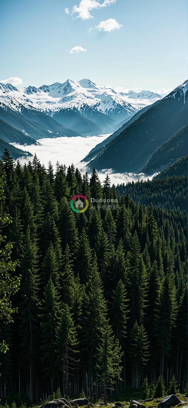 雪峰苍松下的迷雾山谷：野性山脉的宁静美景