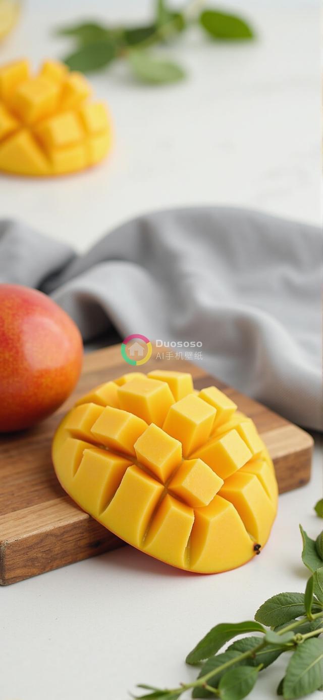 木质案板上的熟芒果艺术分割摄影，清新质感凸显
