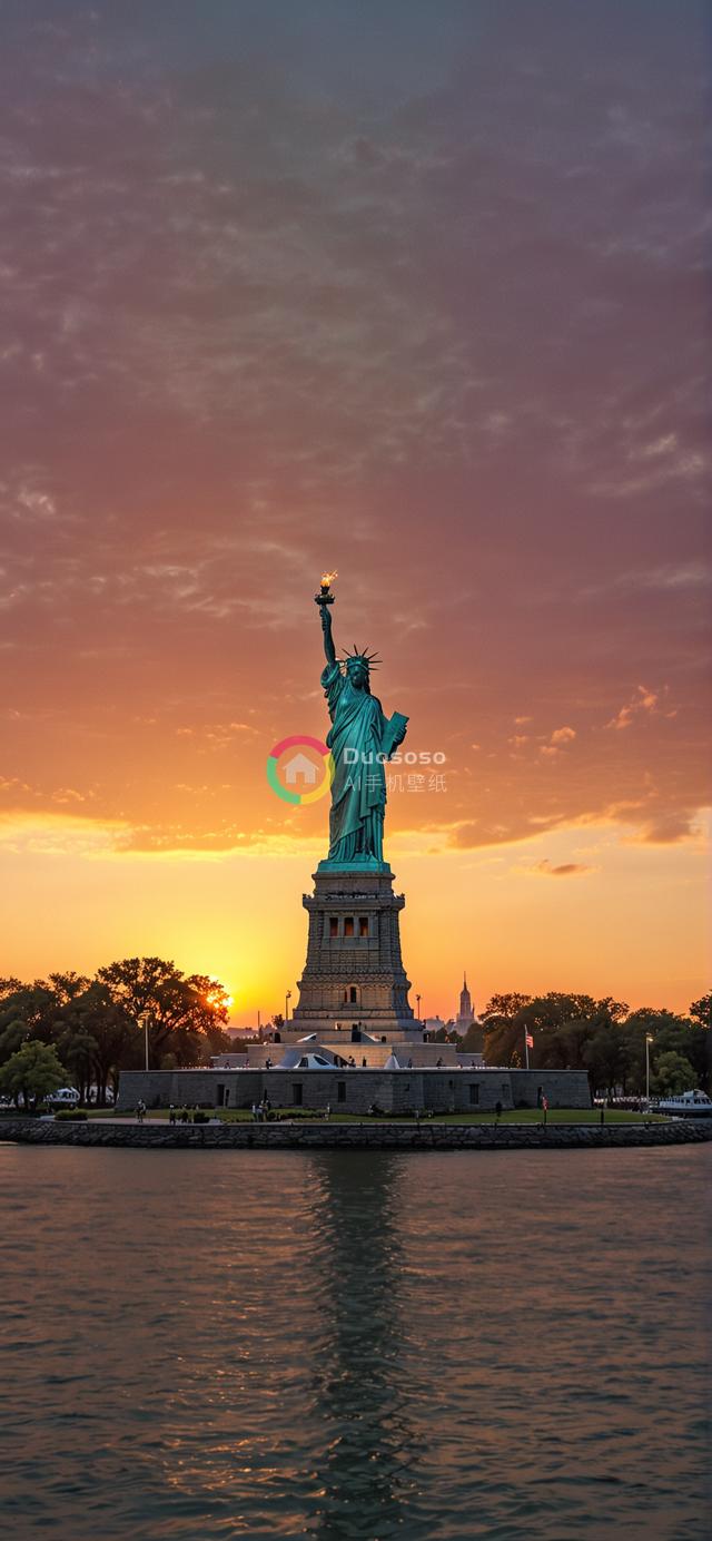 落日余晖下自由女神像的壮丽照片