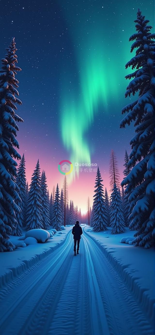 暮色北极林雪径：孤独身影与奇幻极光映衬下的自然壮丽