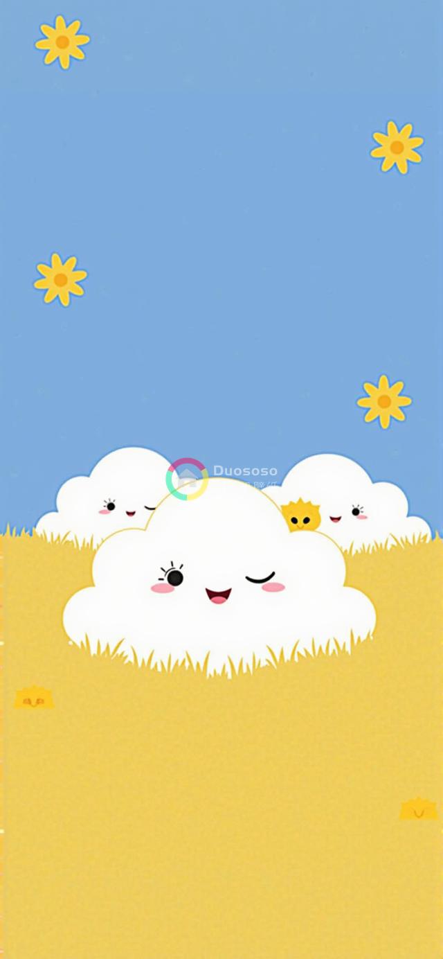 蓝天白云与黄花草地间的趣味拟人插画