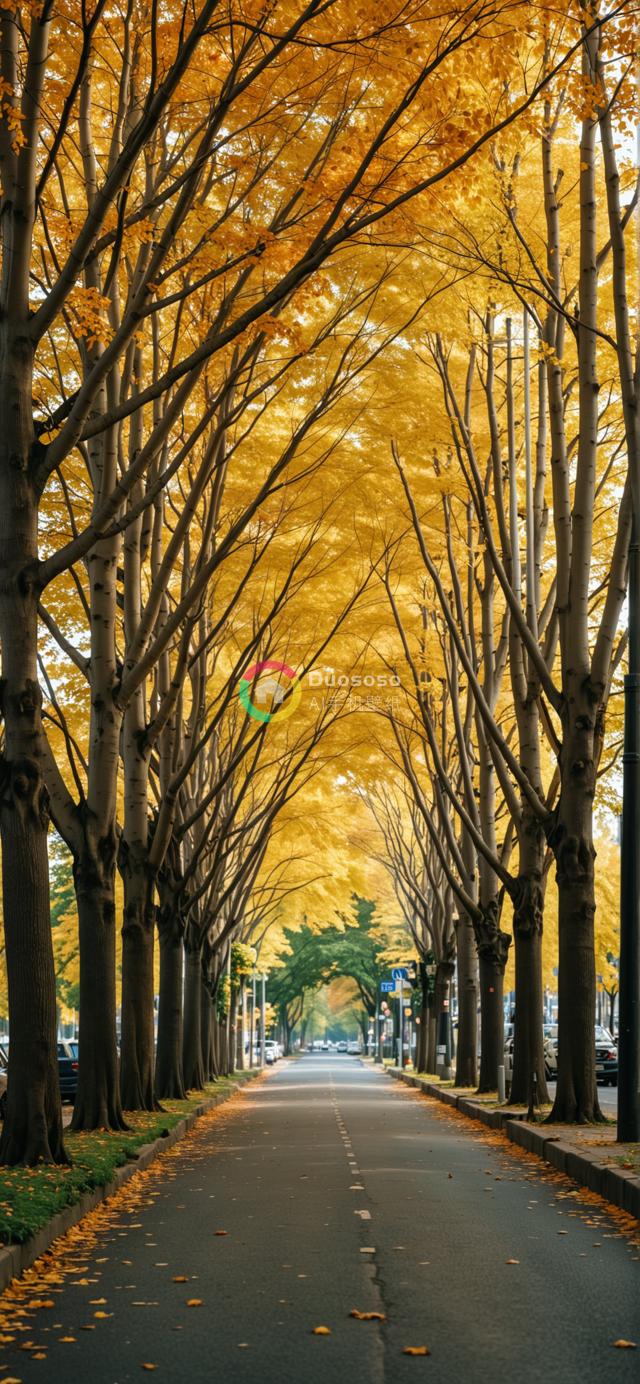 秋日黄金大道：树影斑驳的低角度景观摄影