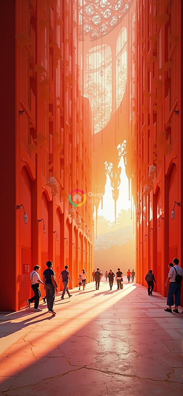 落日余晖下的未来都市景观：红砖巨厦与复古辉煌