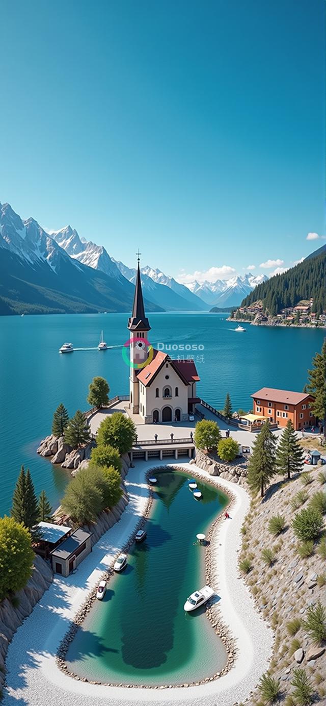高空俯瞰如画阿尔卑斯山湖景：半岛尖端的教堂与雪峰交相辉映