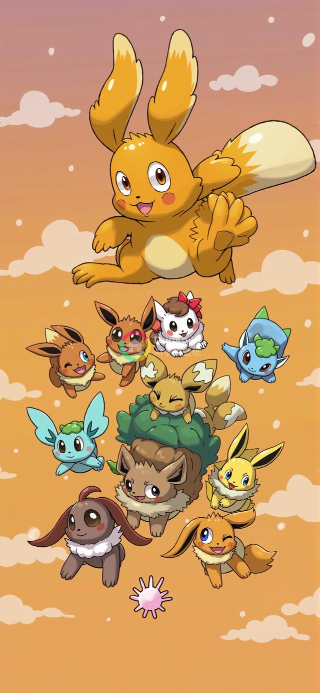 九种宝可梦翱翔桃色天空的欢快卡通插画