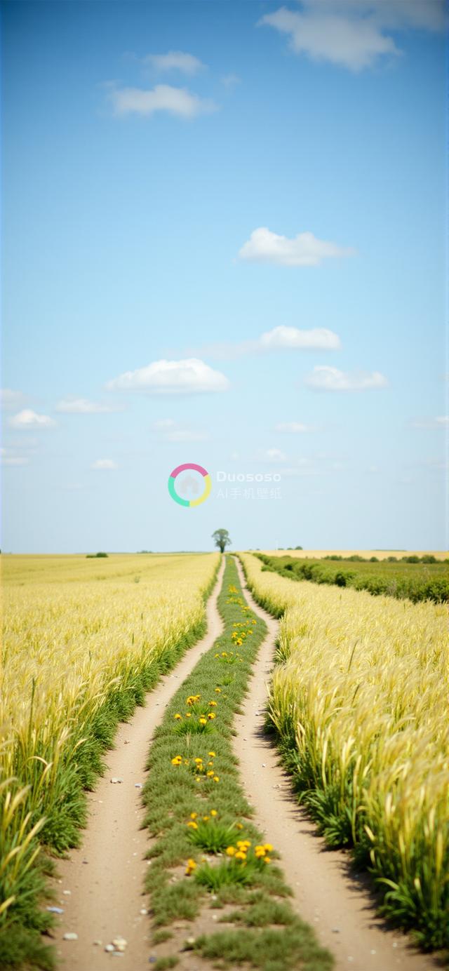 宁静蓝天下金色麦田分隔沙土路：通往孤独树的生命绿带与野花