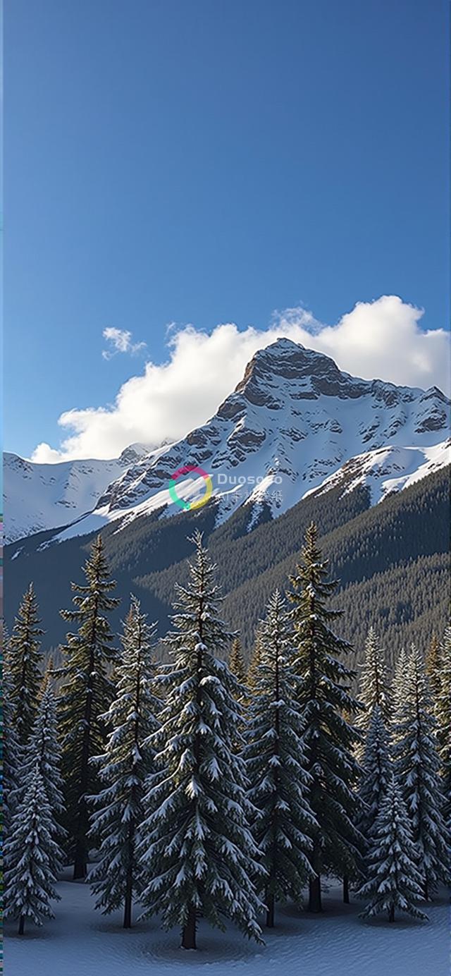 “雪峰耸立常青林，碧空映衬冬境奇观”