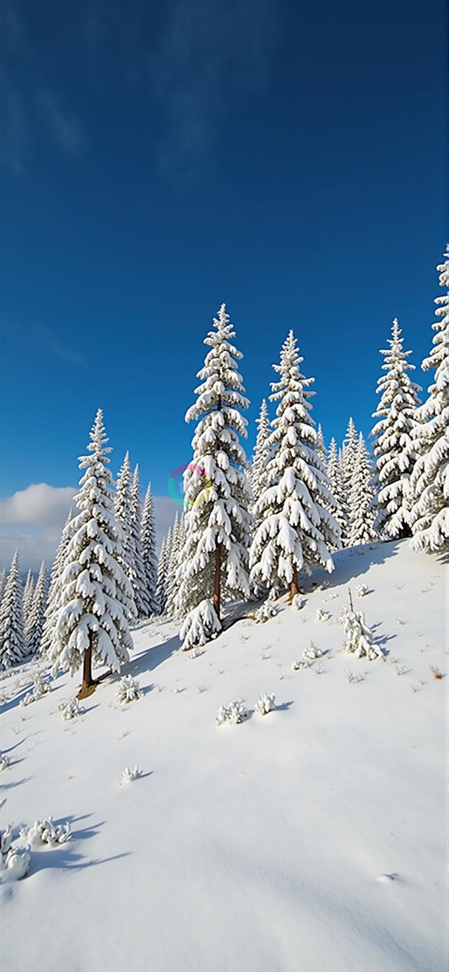 雪覆盖的松树映衬蔚蓝天空的宁静冬日风光