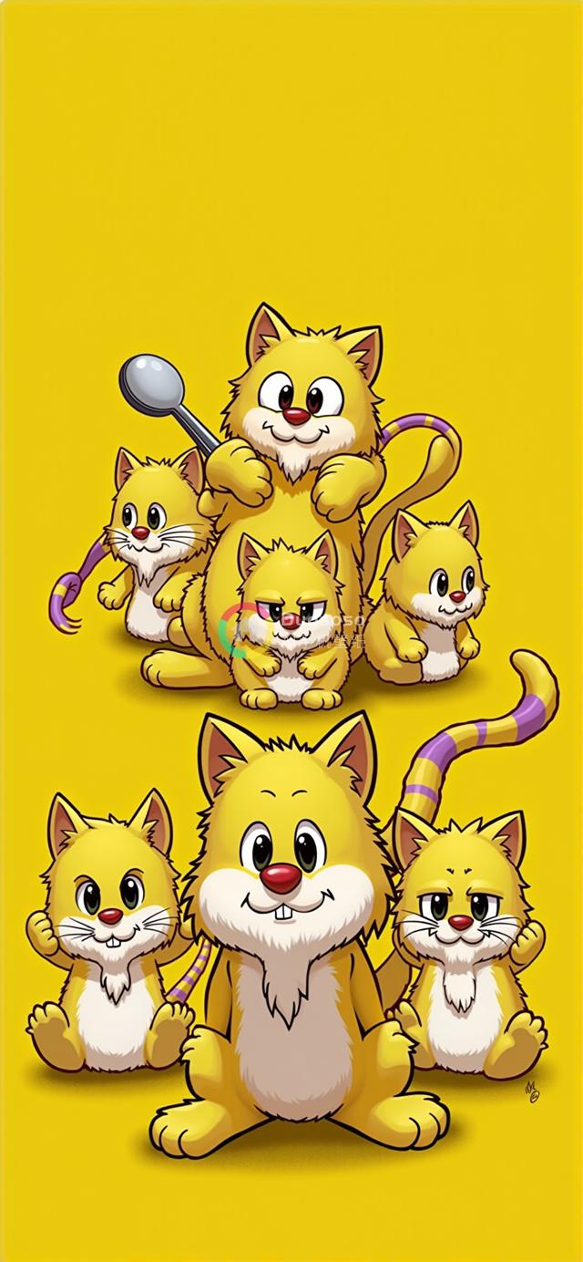 黄色背景下一群风格化卡通猫的欢乐集结