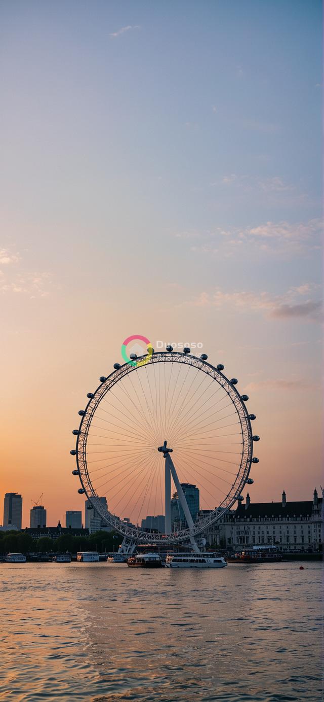 泰晤士河畔伦敦眼夕阳下的金色映像