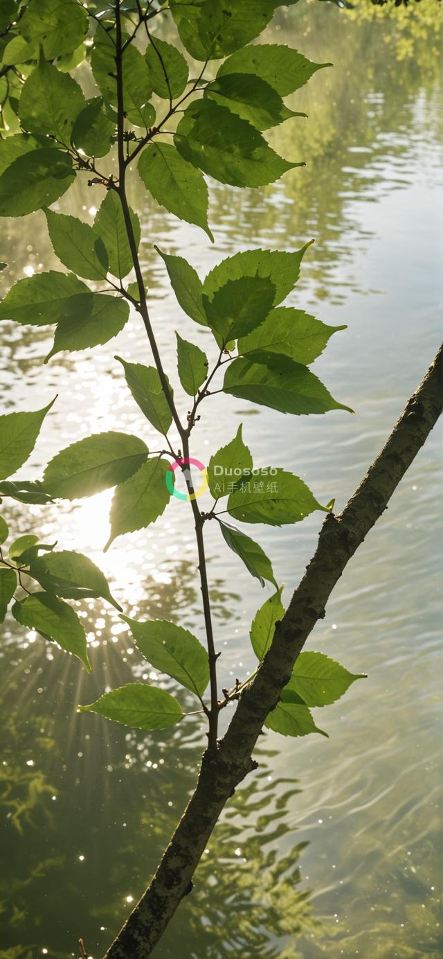 绿意盎然树枝映水，光影交错展现和谐自然之美