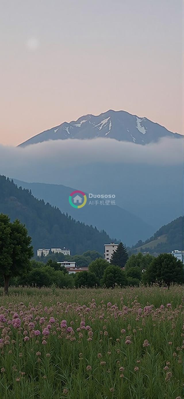 宁静山景照：云雾缭绕雪峰与粉花田野的壮丽风光