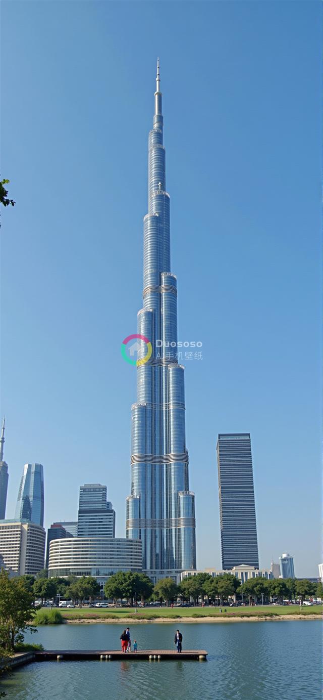 迪拜天际线中耸立的哈利法塔全景摄影：世界最高楼闪耀蓝光晴天映湖畔
