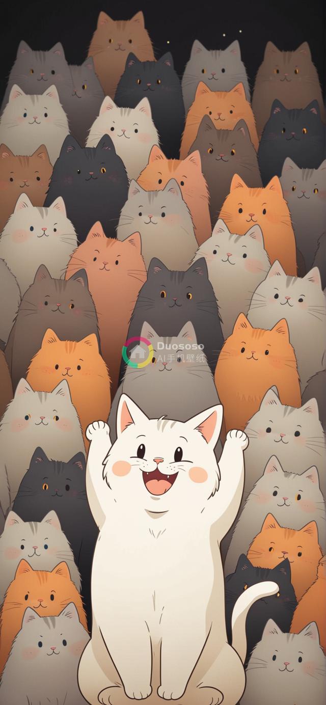 欢乐卡通风格群猫图：中心白猫兴奋庆祝，周围多彩猫咪共欢