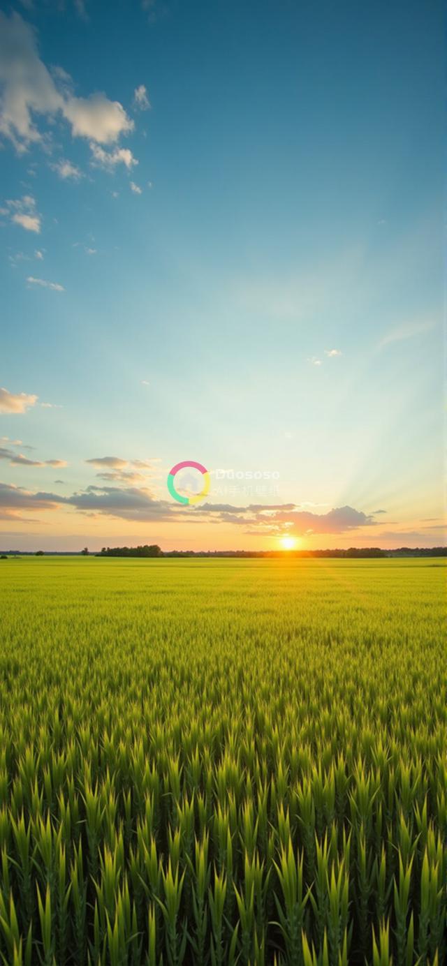 夕阳下广阔青翠作物田野的宁静风光