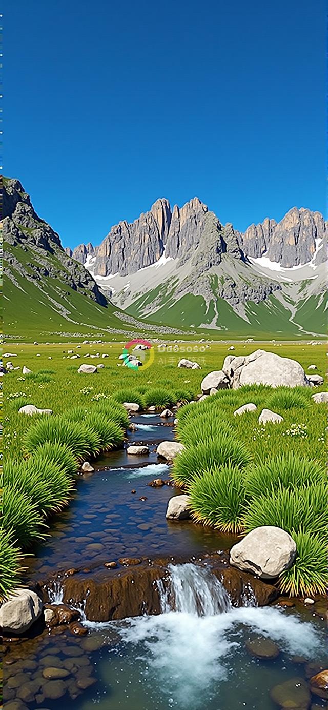 自然壮丽：雪峰碧空下清溪岩石间的宁静美景