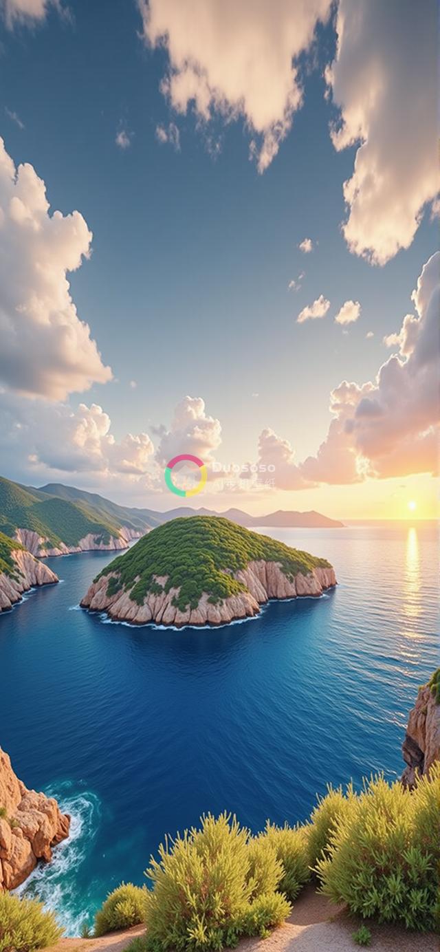 宁静海湾中翠绿小岛的绝美风光摄影