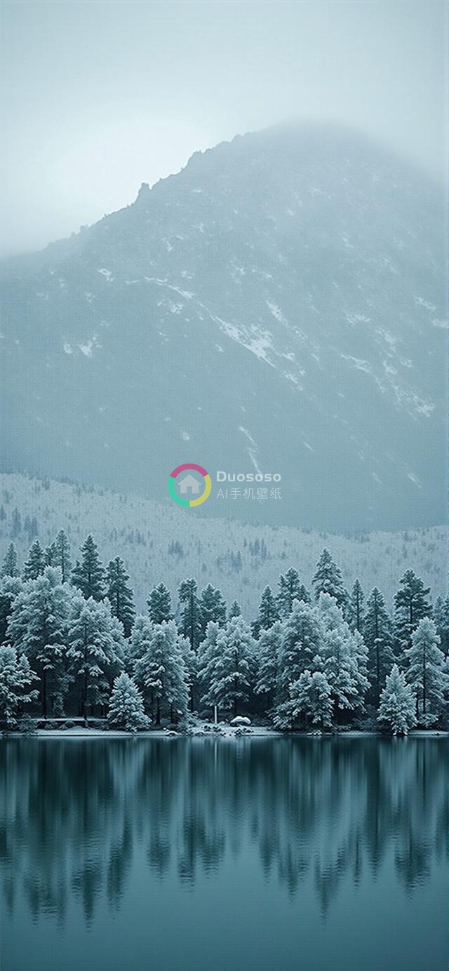 冬景镜像：雪覆松树与迷雾山峰映衬宁静湖面
