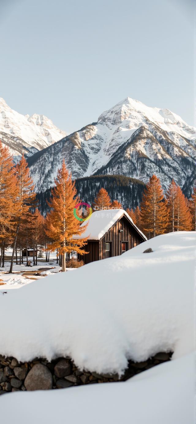 雪景中橙黄落叶松环绕的小木屋与壮丽雪山构成的宁静画卷