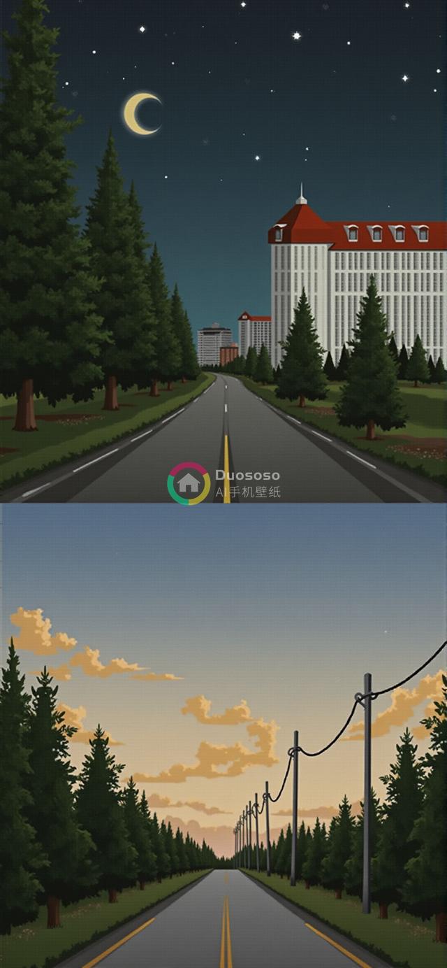 昼夜双层公路景观：夜幕下豪华酒店与日暮林荫道绘图