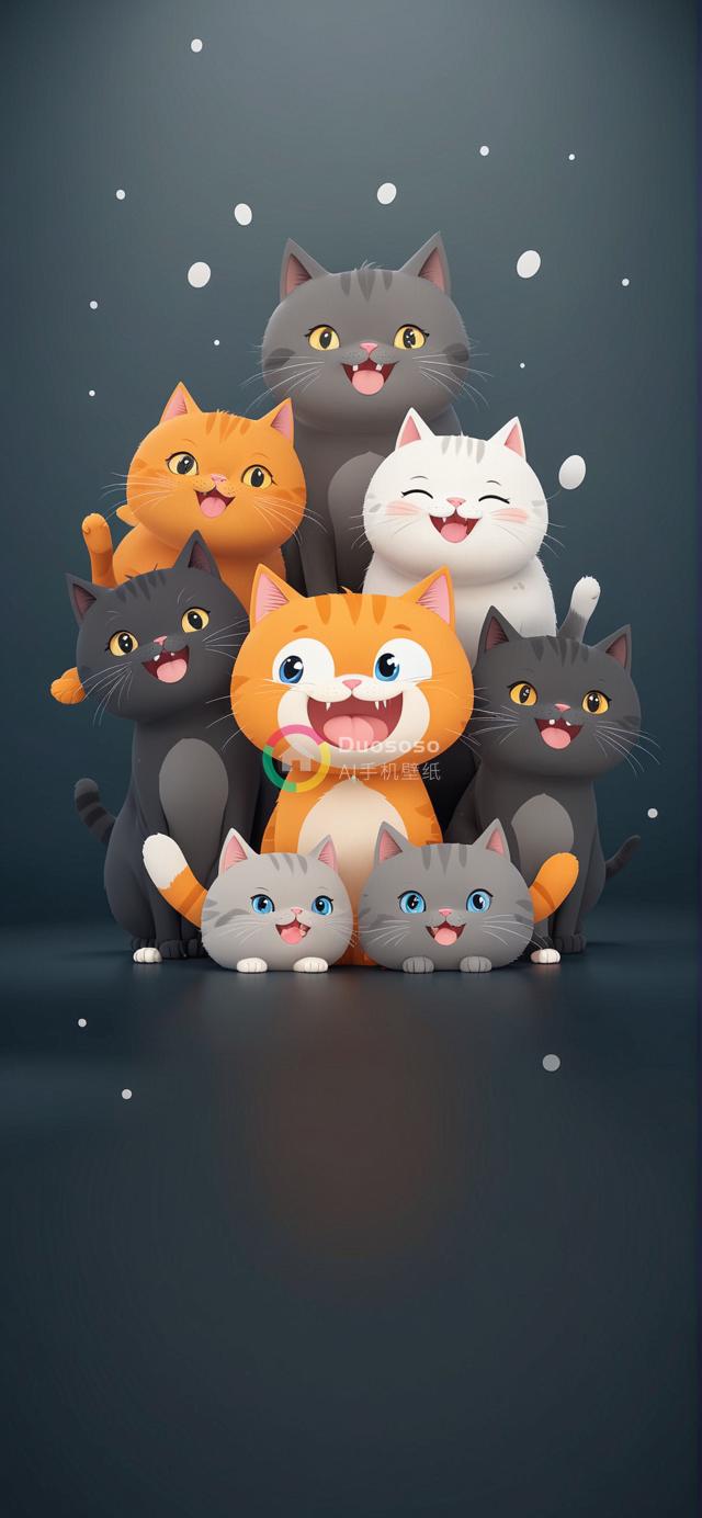 七只卡通猫咪欢乐金字塔排排站，可爱表情与丰富色彩构成活泼画面