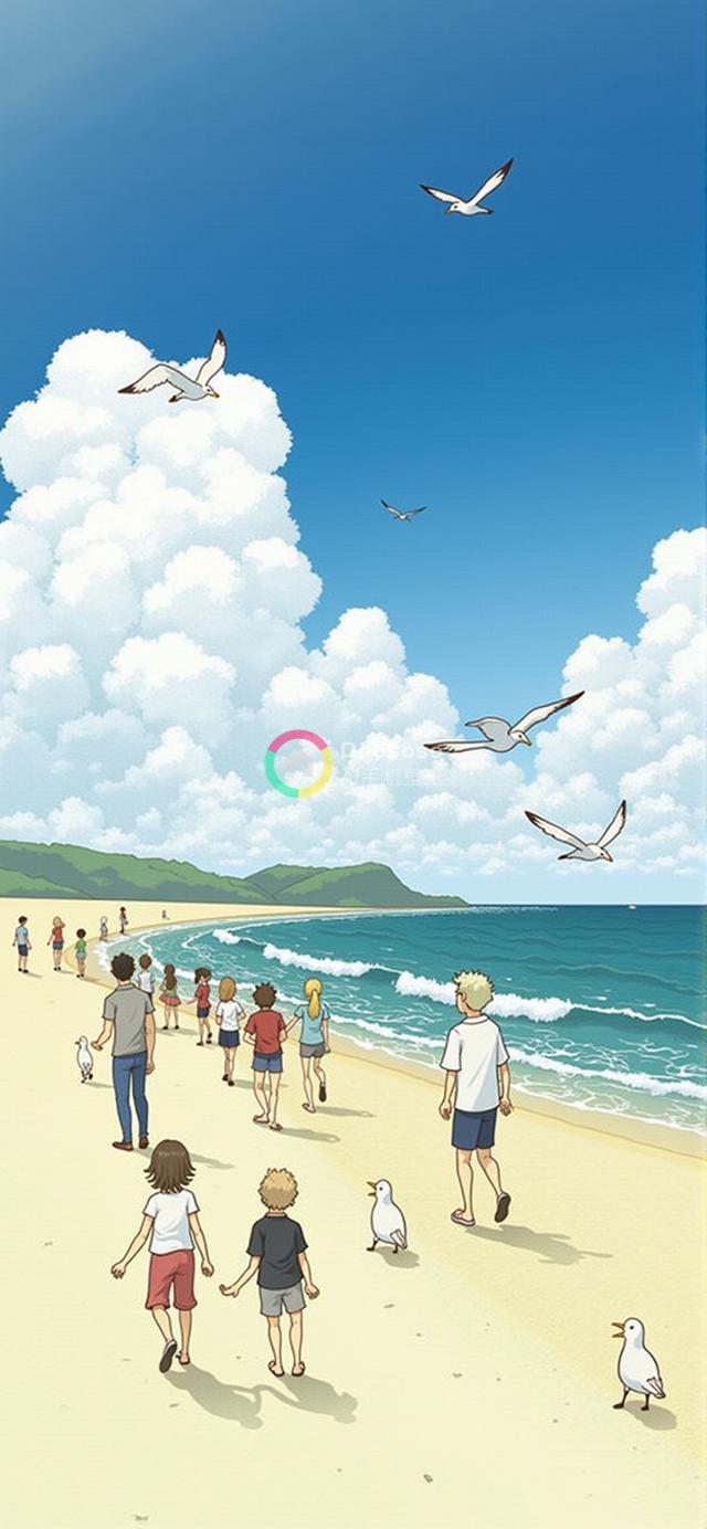 海滩休闲时光：卡通风格人群漫步碧海蓝天