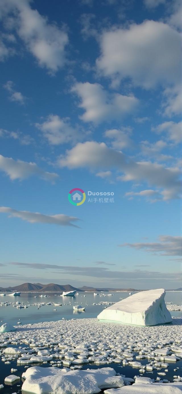 宁静北极风光：蓝天白云下的冰海奇观