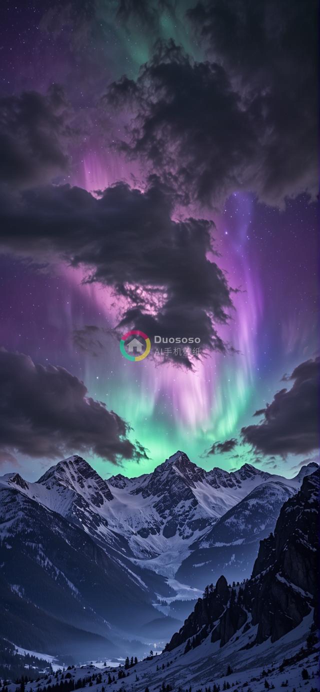 夜幕下雪覆盖山脉的壮观北极光展现星河浩瀚