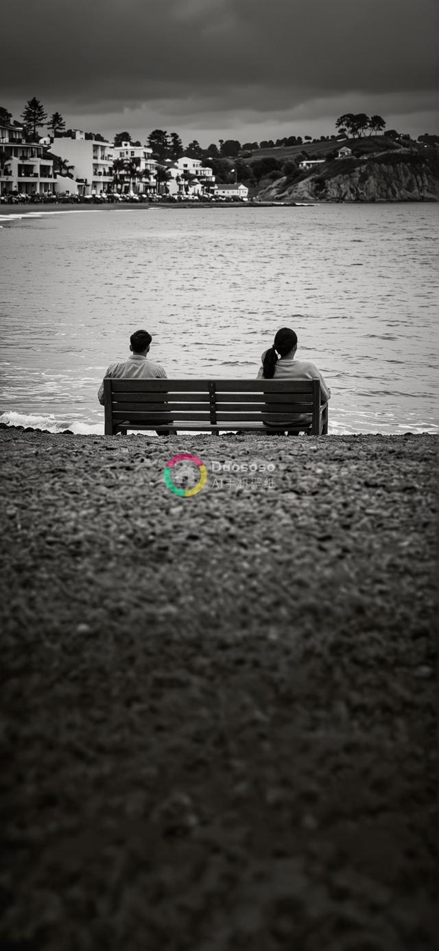 海滩长椅情侣黑白照：静谧时光与远方小镇