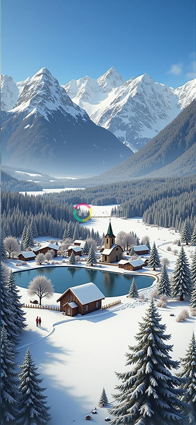 雪覆盖山谷中的宁静村庄：耸立雪峰环绕，湖畔木屋教堂绘冬日仙境