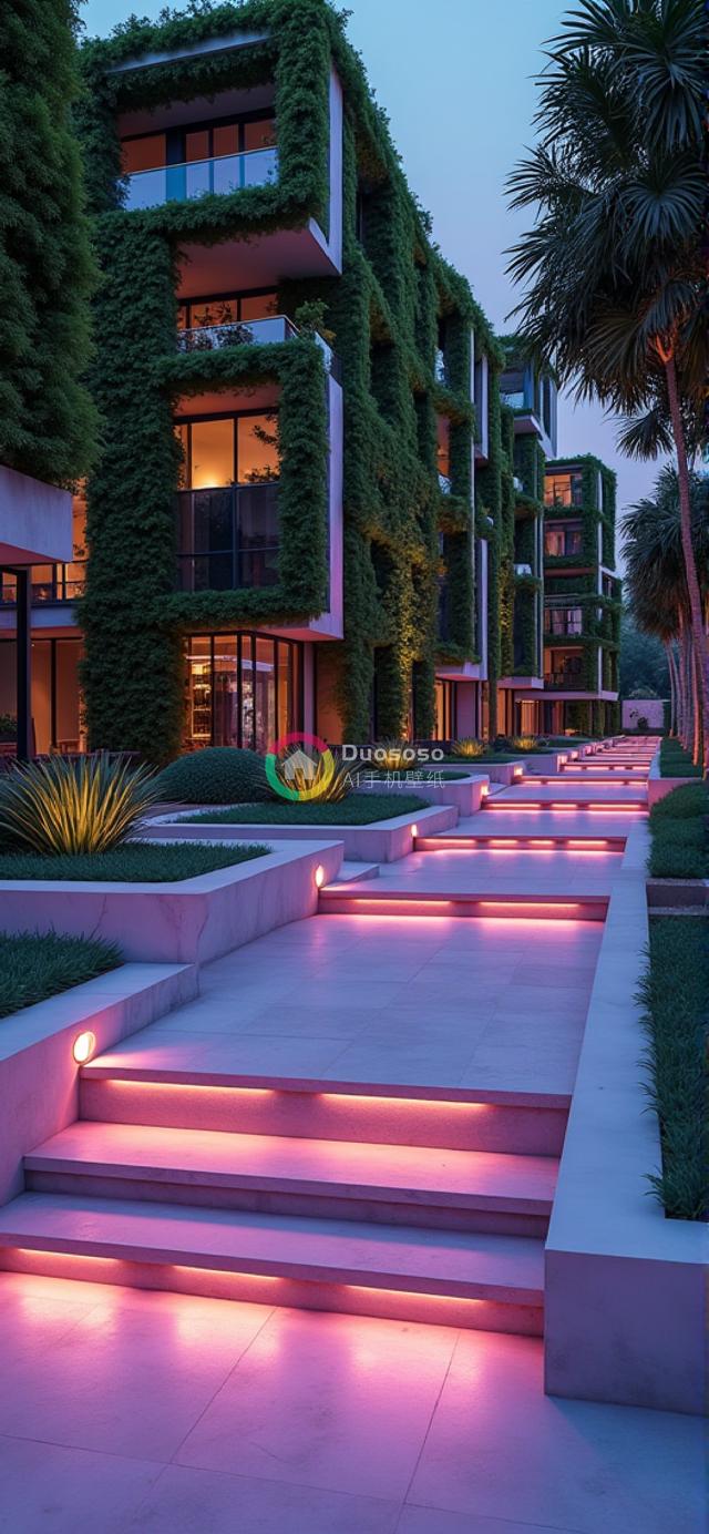 夜幕下的绿藤覆盖现代公寓楼，粉色灯光阶梯与暖光内饰营造出迷人氛围