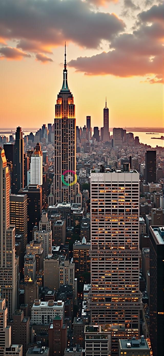 黄昏时分以帝国大厦为中心的纽约天际线摄影：金色余晖映照下的城市壮观景象