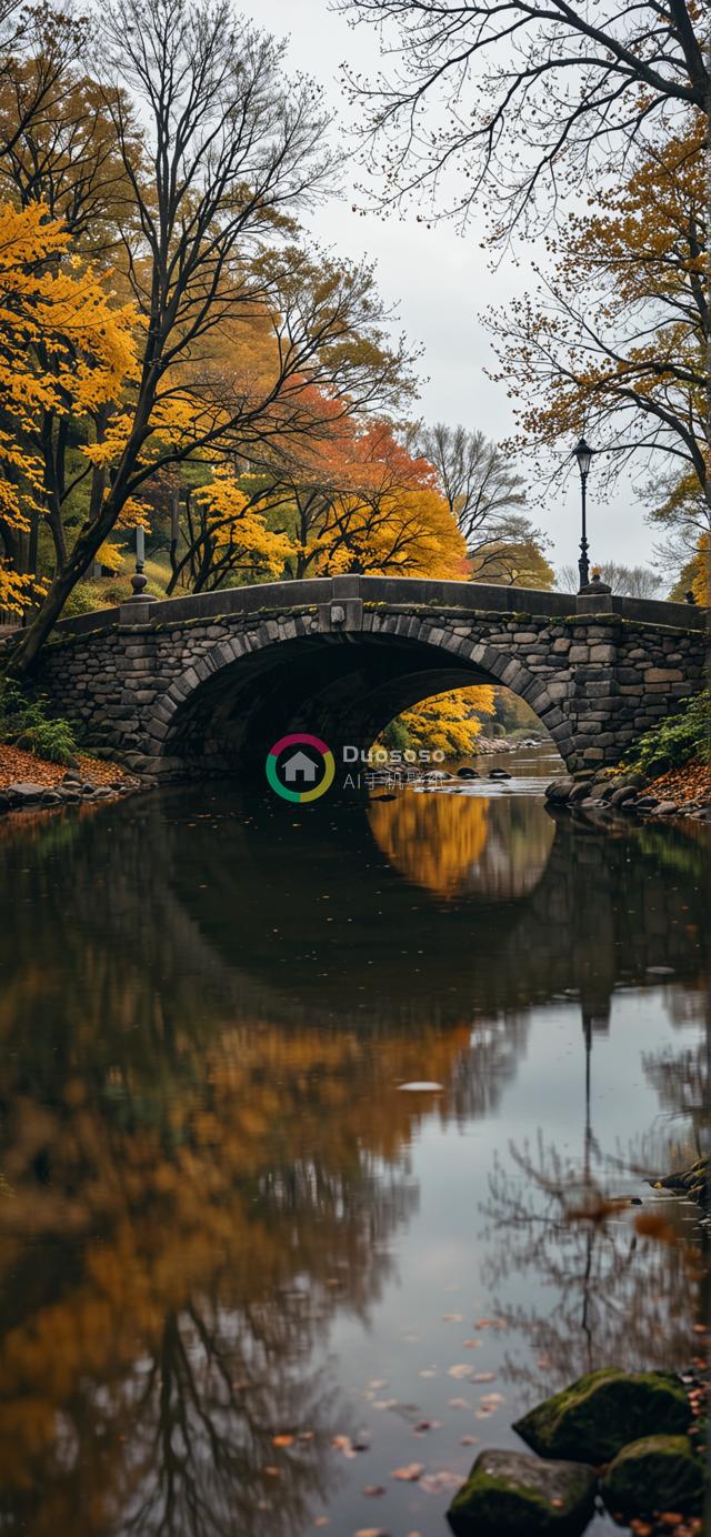 秋日静谧河上的石拱桥风光摄影