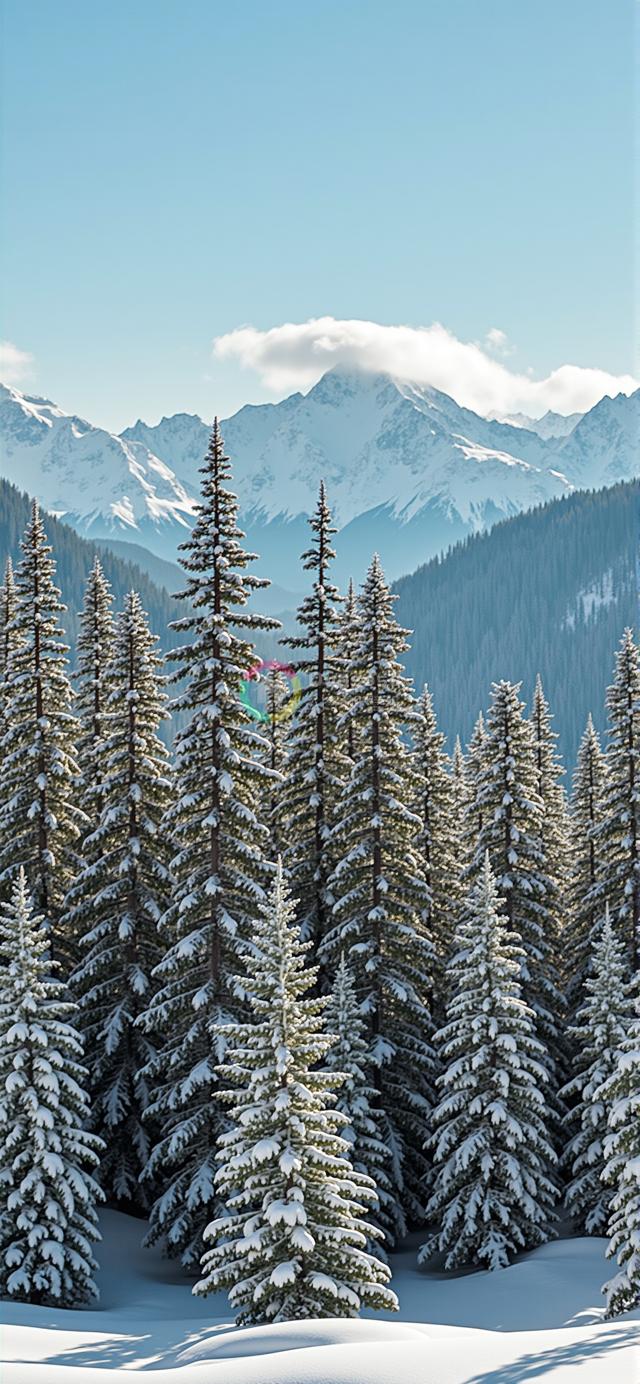 雪覆盖的森林与雄伟雪峰的壮丽画面