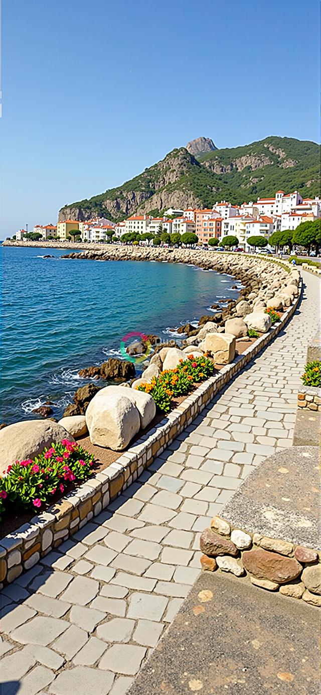 “山环水抱海滨小镇：俯瞰石径花簇与碧波荡漾的宁静风光”