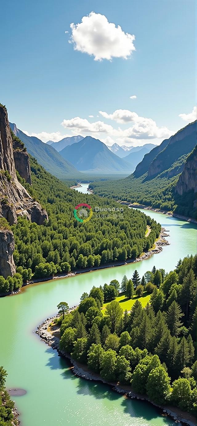 鸟瞰视角下的绝美河谷风光：翠绿河流与磅礴山川共绘生机画面